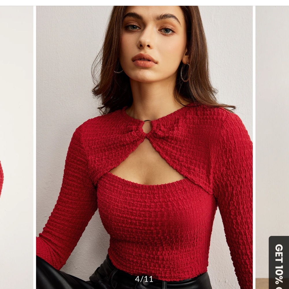 Commense Red Cut Out Ribbed 3/4 Sleeve Blouse